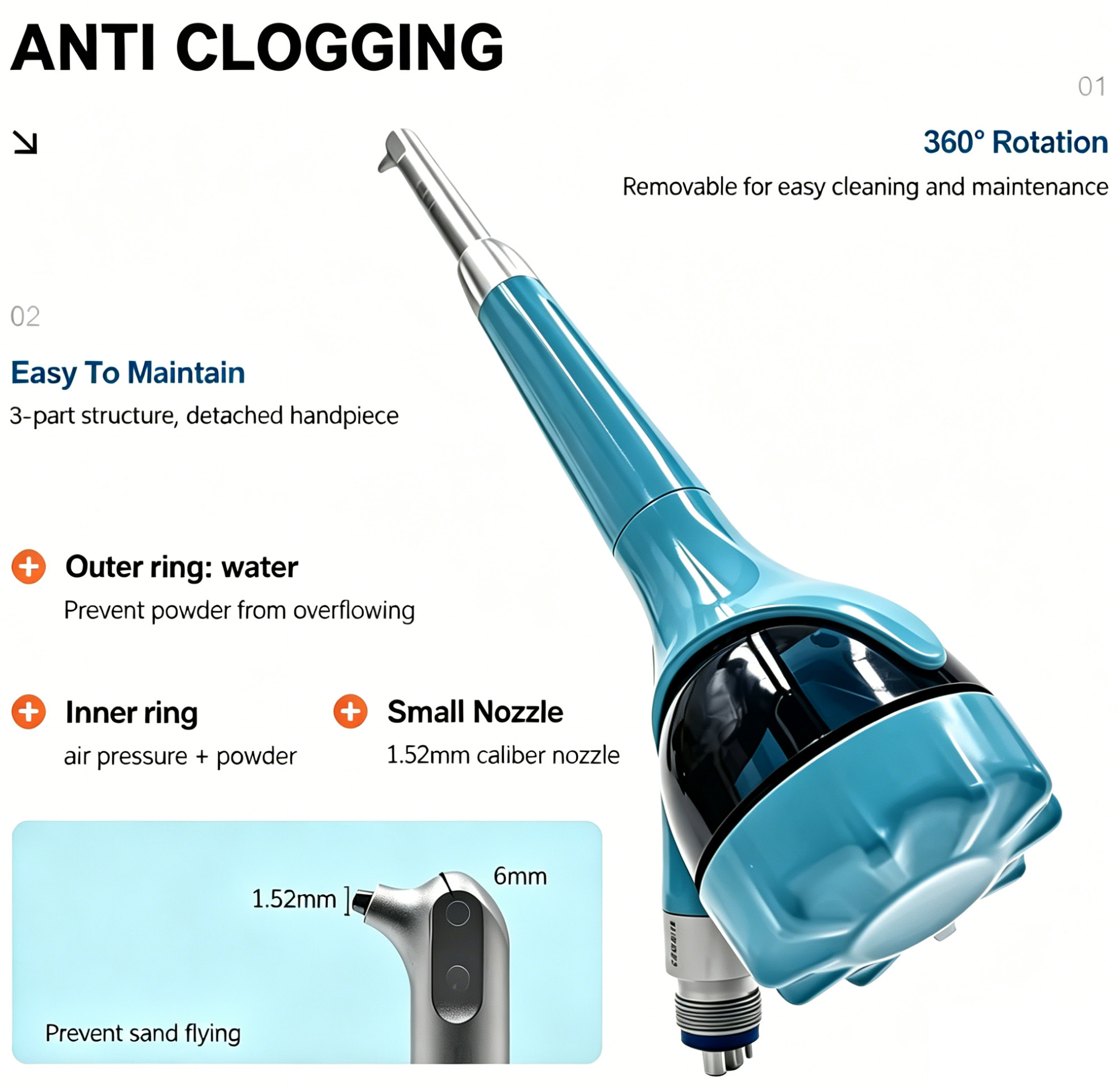 3H T7 Pieza de mano aeropulidora dental para profilaxis supragingival y subgingival