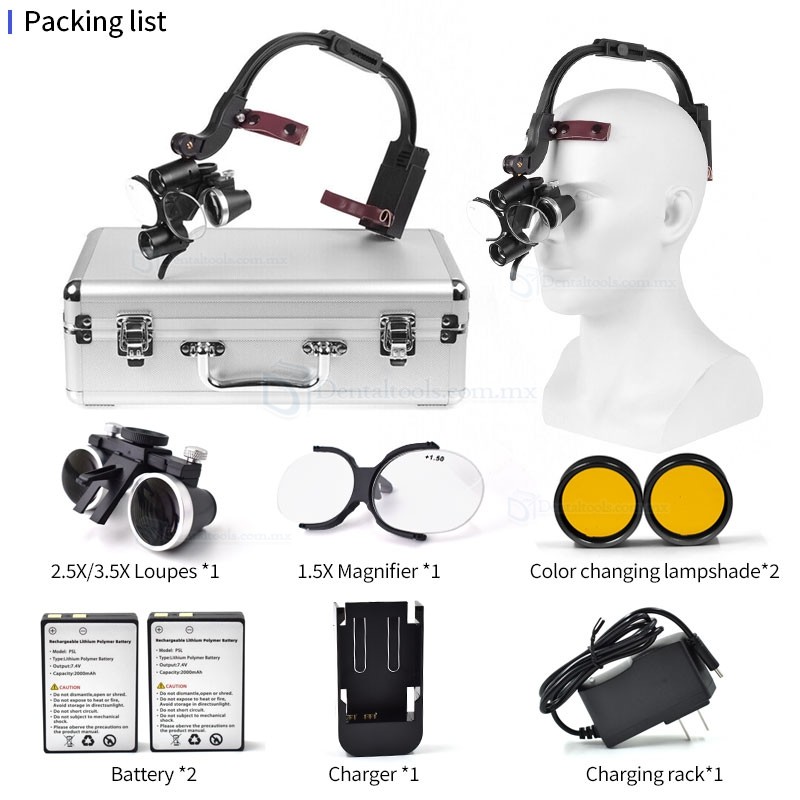 Lupas dentales de diadema 2.5X o 3.5X con LED 5W y lentes para presbicia