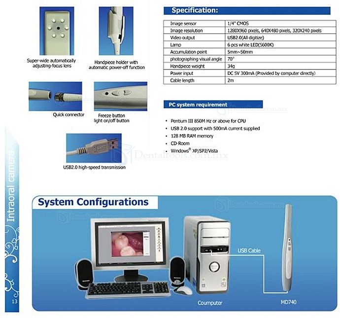 Cámara intraoral dental de 4MP con sensor CCD Sony y conexión USB Cámara intraoral dental de 4MP con sensor CCD Sony y conexión USB
