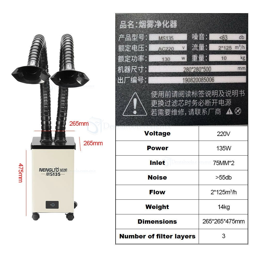 Extractor de humo de aire puro portátil filtro purificador de humo de soldadura doble cabezal MS135