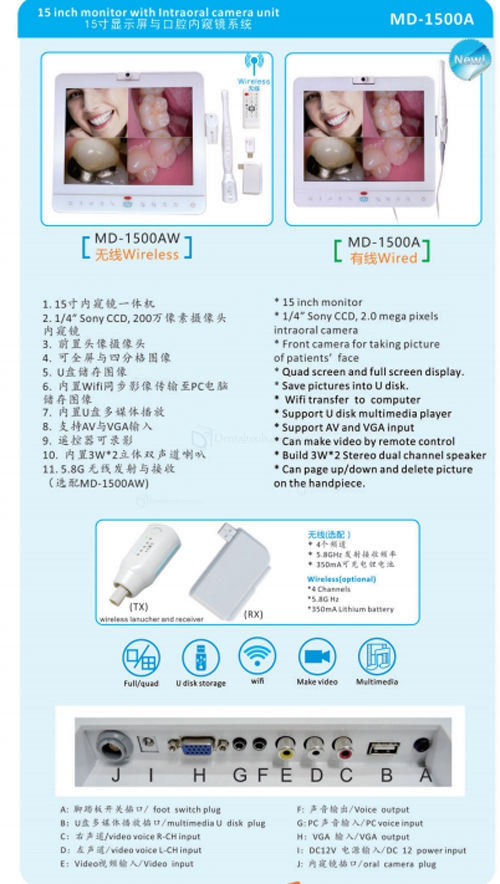 Sistema Intra Oral Inalámbrico Inalámbrico para Monitor de Cámara de 15 Pulgadas + Soporte para LCD MD1500
